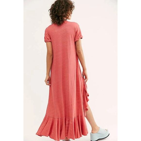 Free People FP Beach Havana Tee Coral Pink Knit High Slit Waterfall Maxi Dress - Picture 6 of 9